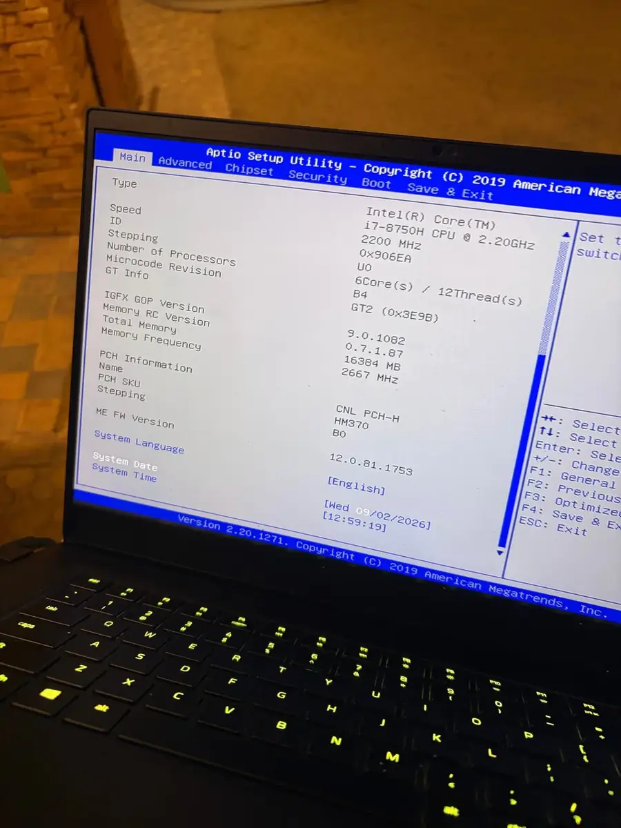 Апаратна діагностика: BIOS показує Intel Core i7-8750H і 16 ГБ пам''яті